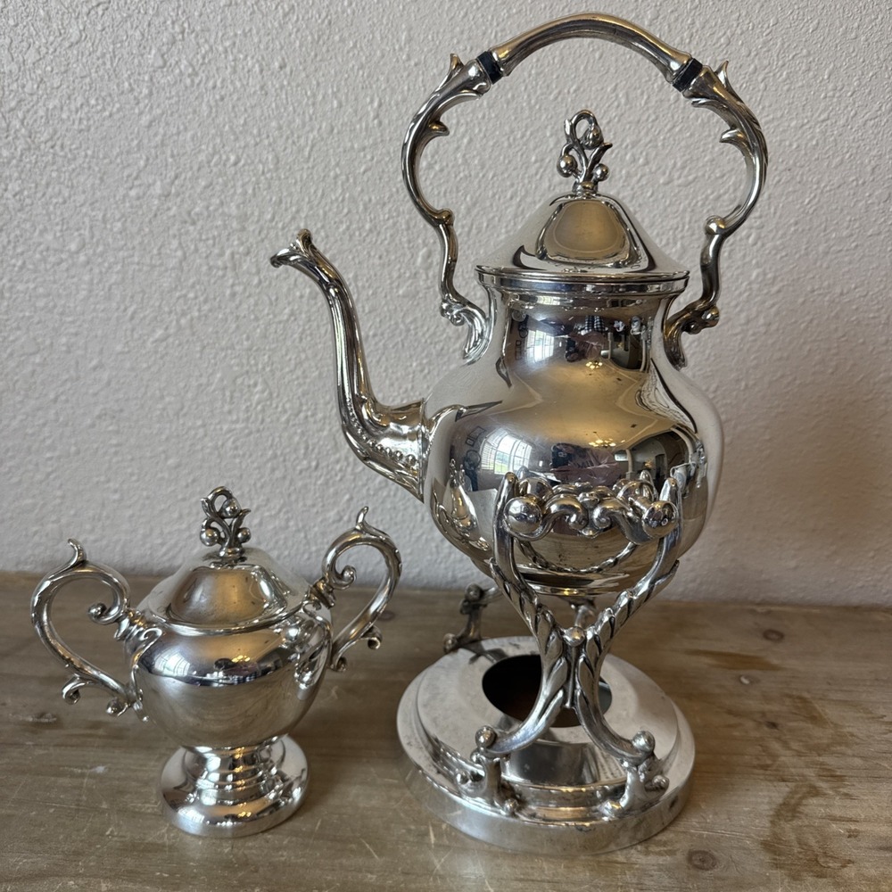Antique BSC Birmingham Silver Co Silver Plated Teapot Tilting Stand Sugar Bowl